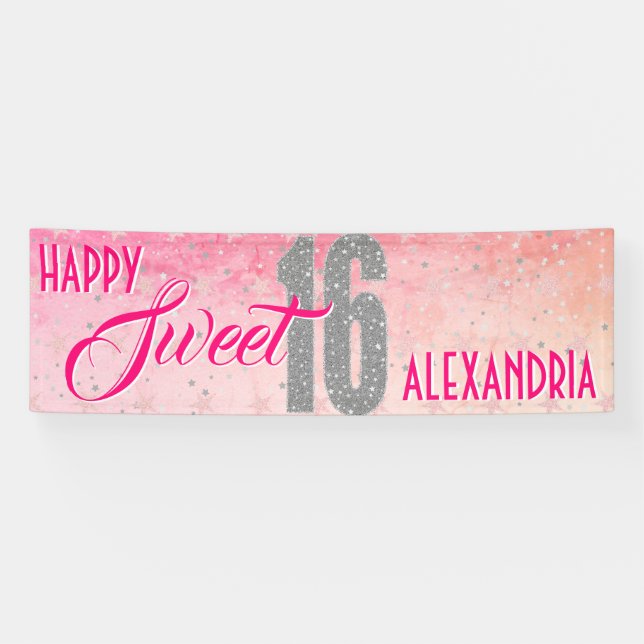 Sweet 16 Geburtstag | Sterne Rosa Glitzer Banner (Horizontal)
