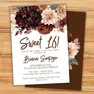 Sweet 16 Geburtstagsparty Brown Beige Floral Einladung