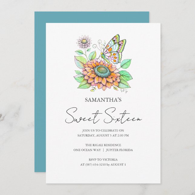 Sweet 16 Geburtstagsparty Butterfly Thema Einladung (Vorne/Hinten)