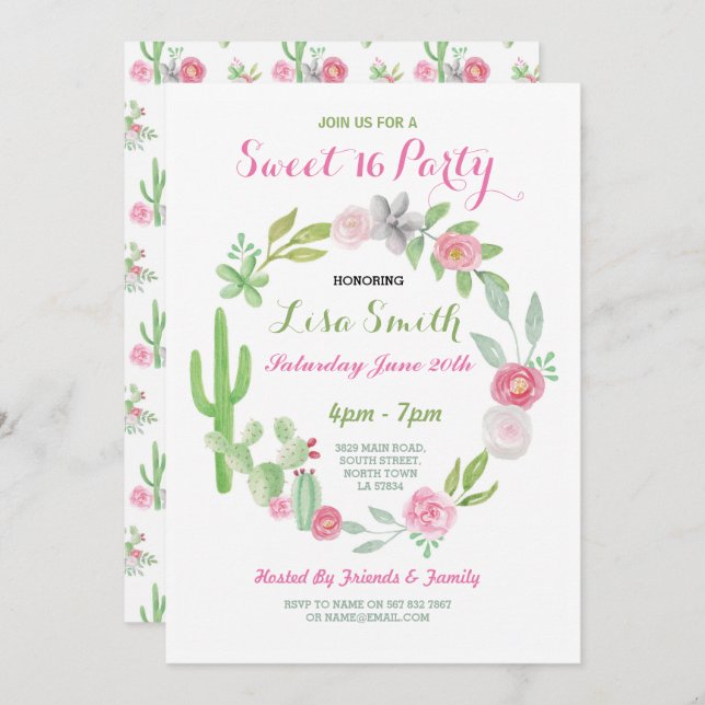 Sweet 16 Geburtstagsparty Fiesta Cactus Einladung (Vorne/Hinten)