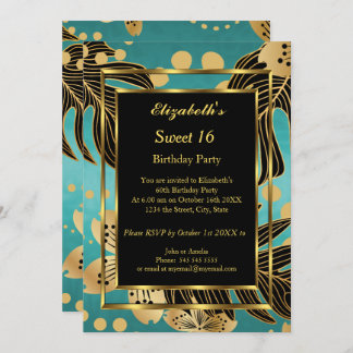 Sweet 16 Geburtstagsparty Gold Aquamarine schwarze Einladung