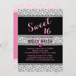 Sweet 16 Geburtstagsparty Lace Black Pink Herz Einladung