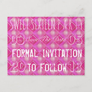 Sweet 16 Geburtstagsparty Save the Date Pink Ankündigungspostkarte