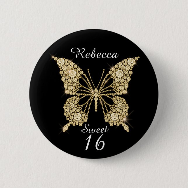 Sweet 16. Geburtstagsschmetterling Personalisiert Button (Vorderseite)