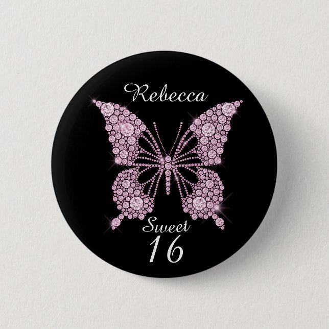 Sweet 16. Geburtstagsschmetterling Personalisiert Button (Vorderseite)