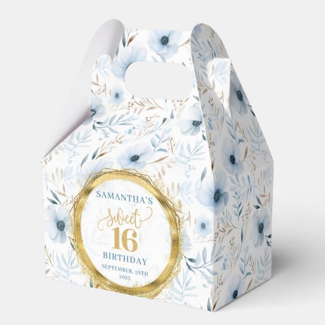 Sweet 16 Gefallen Box Dusty Blue Floral Gold Glitz Geschenkschachtel (Sweet 16 Favor Box Dusty Blue Floral Gold Glitter)