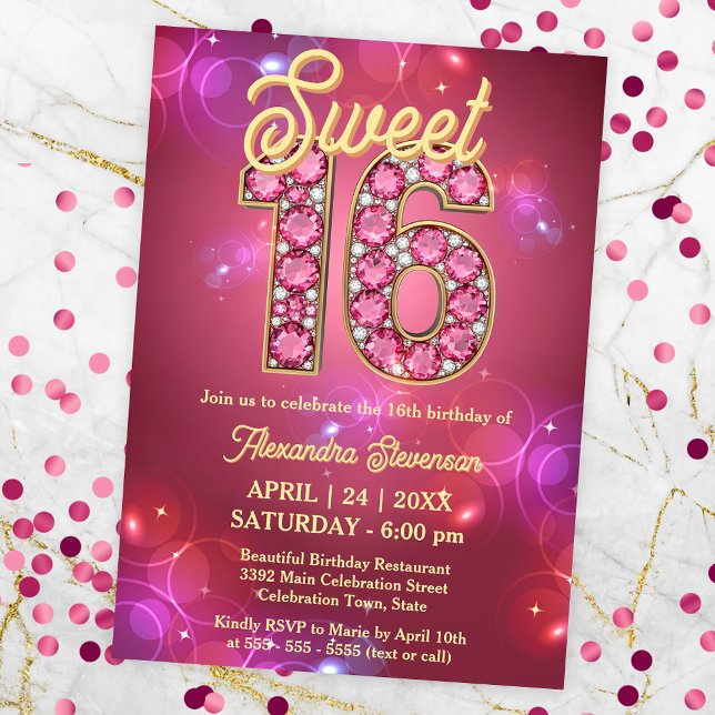 Sweet 16 Gemstone Sparkle Pink und Lila Bokeh Einladung (Von Creator hochgeladen)