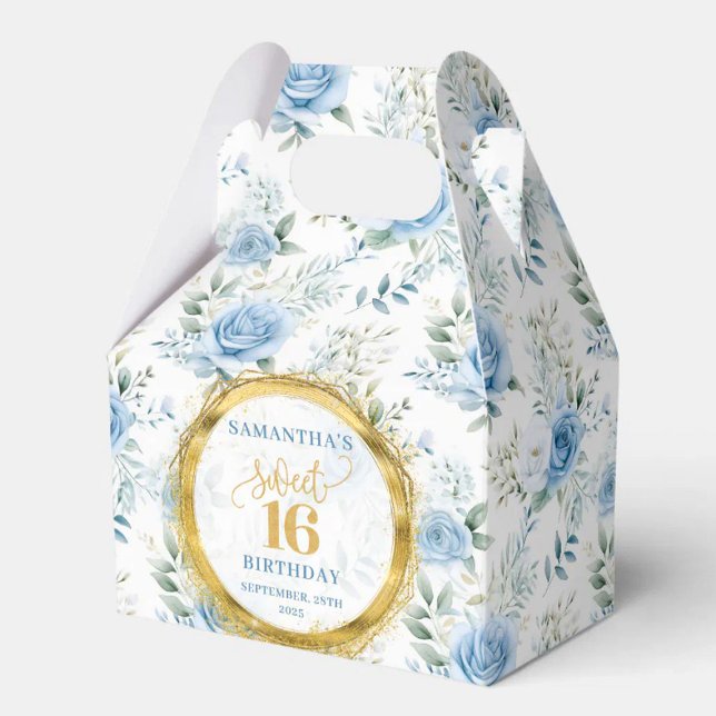 Sweet 16 Gevor Box Dusty Blue Floral Gold Glitzern Geschenkschachtel (Sweet 16 Favor Box Dusty Blue Floral Gold Sparkles)