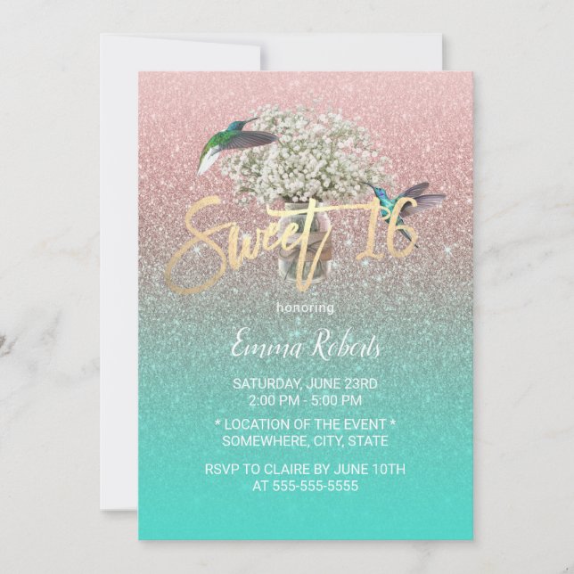 Sweet 16 Gipskraut Hummingbird Rose Gold Aquamarin Einladung (Vorderseite)