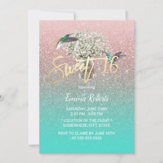 Sweet 16 Gipskraut Hummingbird Rose Gold Aquamarin Einladung