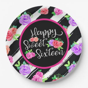 Sweet 16 Girl Edgy Rose & Modern Stripes Geburtsta Pappteller