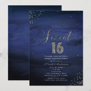SWEET 16 Glam moderne Wasserfarbe Blau Silber-Part Einladung
