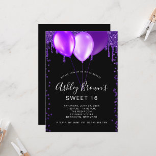 Sweet 16 Glamour Black Lila Glitzer Balloons Einladung
