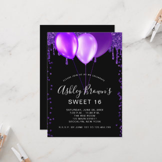 Sweet 16 Glamour Black Lila Glitzer Balloons Einladung