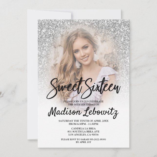 Sweet 16 Glamour Silver Glitzer Foto Einladung (Vorderseite)