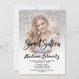 Sweet 16 Glamour Silver Glitzer Foto Einladung