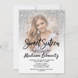 Sweet 16 Glamour Silver Glitzer Foto Einladung