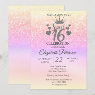 Sweet 16 Glitzer Colorful Bokeh Ombre, Tiara Einladung