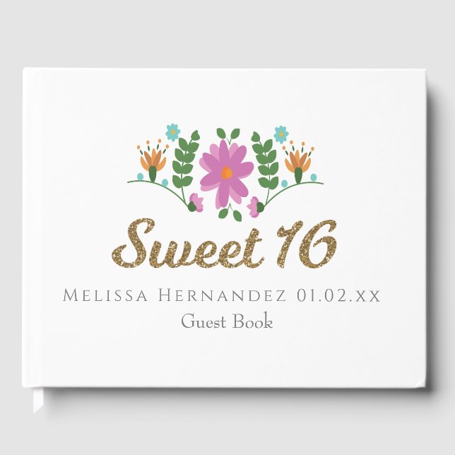 Sweet 16 Glitzer Floral Mexikanische Blume Gästebuch (Vorderseite)