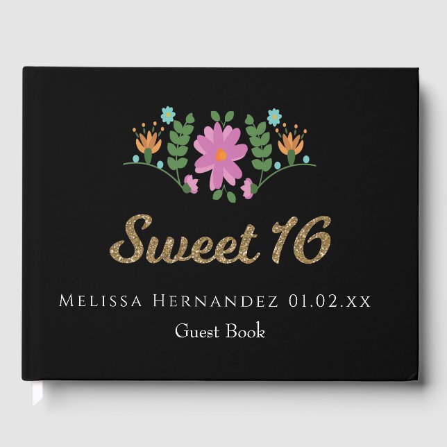 Sweet 16 Glitzer Floral Mexikanische Blume Gästebuch (Vorderseite)
