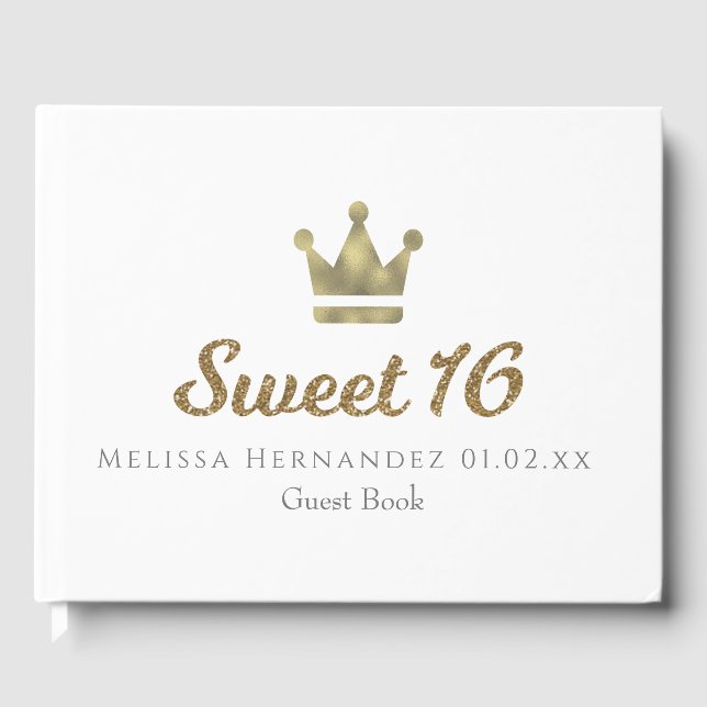 Sweet 16 Glitzer Gold Crown Princess Gästebuch (Vorderseite)