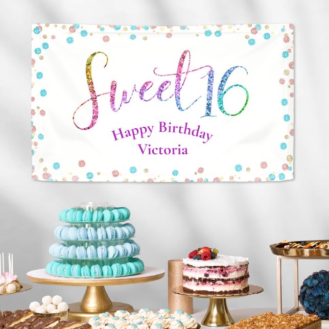 Sweet 16 Glitzer Rainbow Confetti Moderner Geburts Banner (Von Creator hochgeladen)