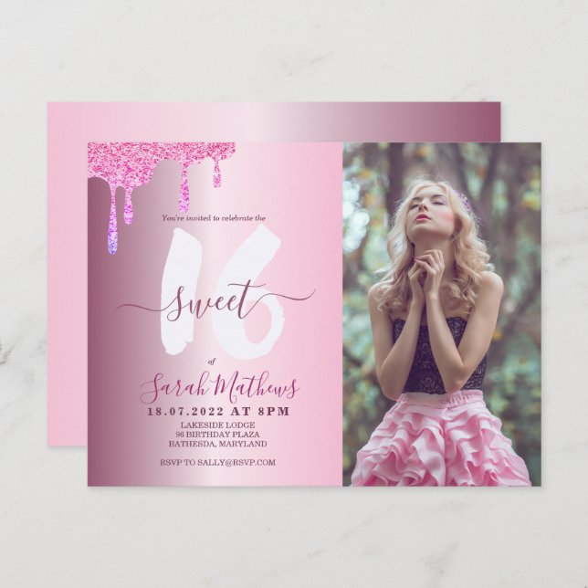 Sweet 16 Glitzer Tropfen Rosa Metallisches Foto Postkarte