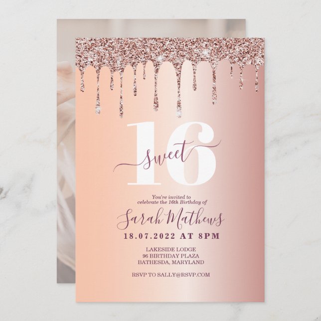 Sweet 16 Glitzer Tropfen Rose Gold Geburtstag Einladung (Vorne/Hinten)