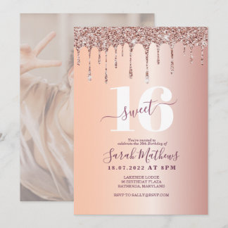 Sweet 16 Glitzer Tropfen Rose Gold Geburtstag Einladung