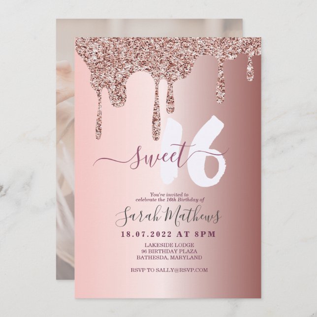Sweet 16 Glitzer Tropfen Rose Gold Geburtstag Einladung (Vorne/Hinten)
