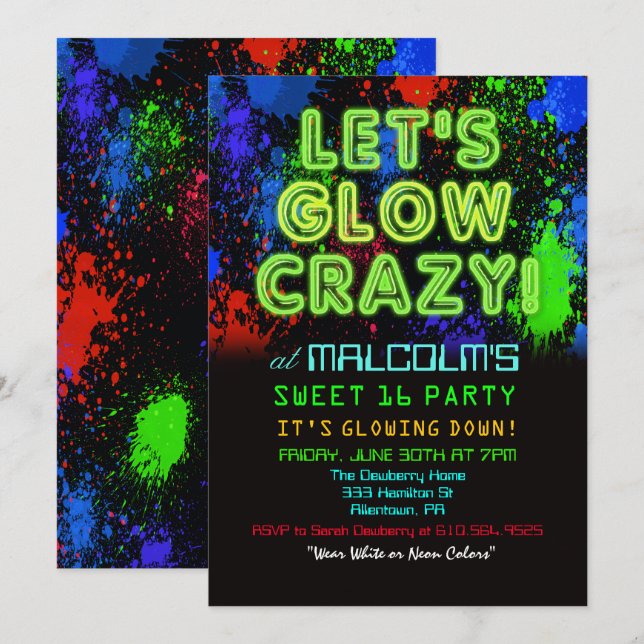 Sweet 16 Glow Party Einladung zum Geburtstag (Vorne/Hinten)