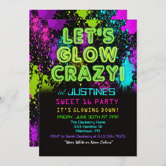 Sweet 16 Glow Party Einladung zum Geburtstag (Vorne/Hinten)