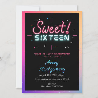 Sweet 16. glühende Neon Geburtstag Einladung