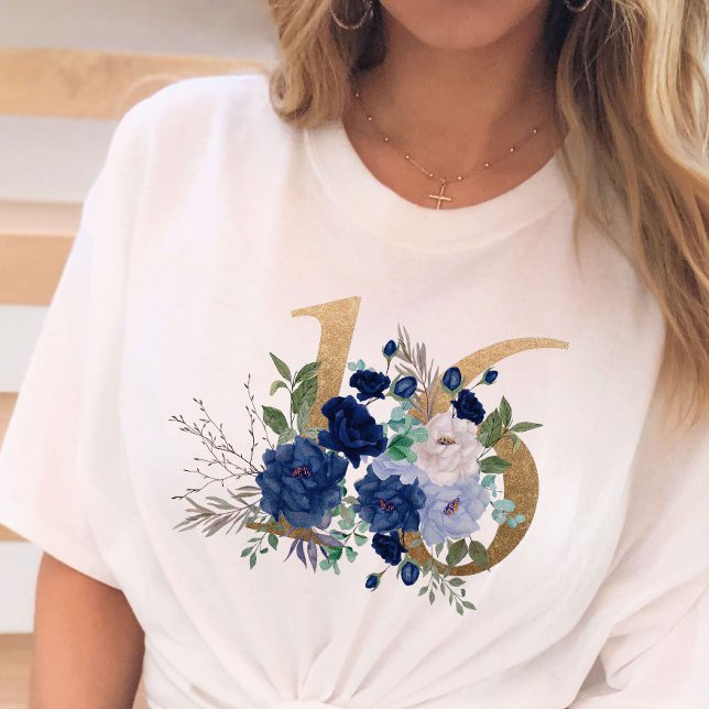 Sweet 16 Gold Floral Number 16 Blue Rose T-Shirt (Von Creator hochgeladen)
