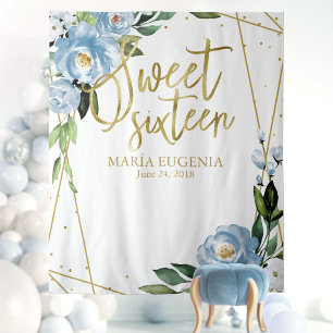 Sweet 16 Gold Foil Dusty Blue Floral Hintergrund Wandteppich