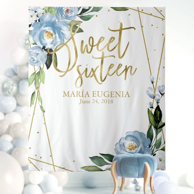 Sweet 16 Gold Foil Dusty Blue Floral Hintergrund Wandteppich (Von Creator hochgeladen)