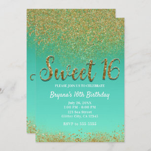 Sweet 16 Gold Glitter & Teal Geburtstagsfeier Einladung