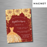Sweet 16 Gold Glitzer Kleid Rose Luxus Magneteinladung<br><div class="desc">Eine moderne,  stilvolle und glamouröse magnetische Einladung für eine süße 16.,  16. Geburtstagsparty. Roter Hintergrund mit Imitaten goldener Glitzer Staub,  ein Kleid und goldene Rose,  Blume. Der Name ist mit einem modernen handgeschriebenen Stilskript geschrieben. Personalisieren Sie Ihre Party-Daten und fügen Sie sie hinzu.</div>