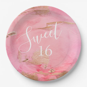 Sweet 16 Gold Pink Abstrakt Wasserfarbe Pappteller
