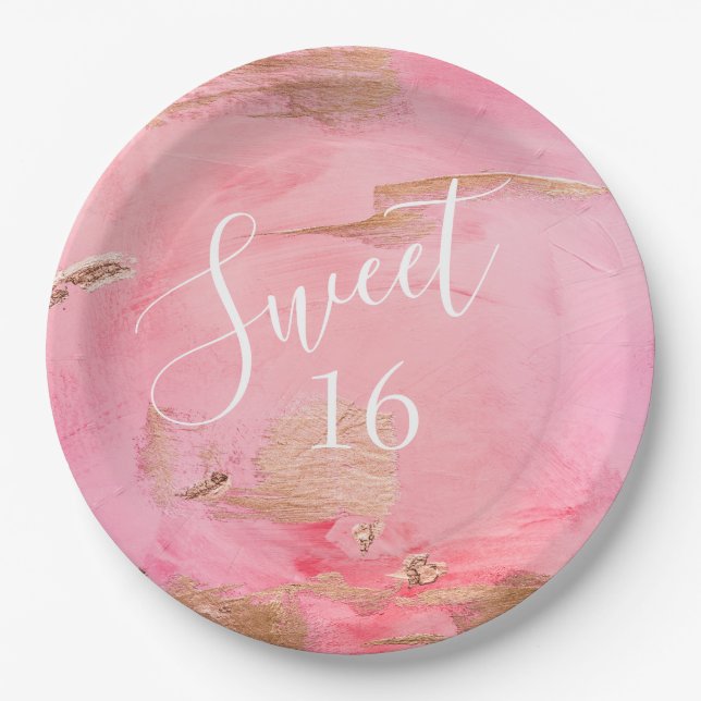 Sweet 16 Gold Pink Abstrakt Wasserfarbe Pappteller (Vorderseite)
