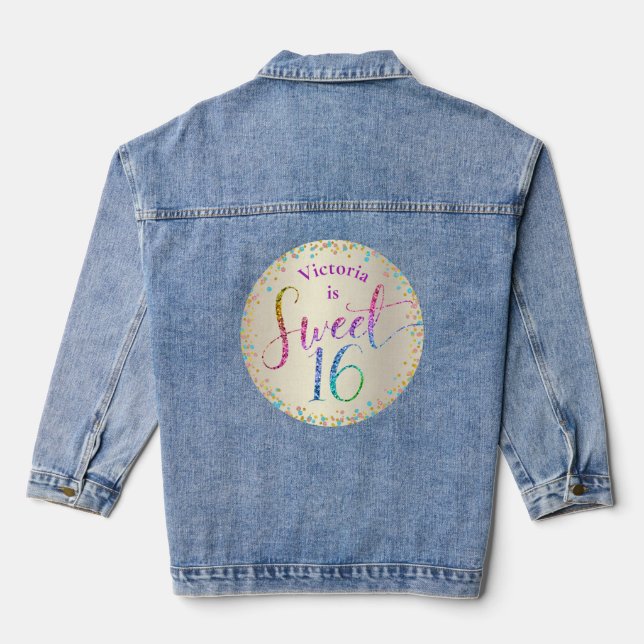 Sweet 16 Gold Rainbow Glitzer Confetti Birthday Jeansjacke (Rückseite)