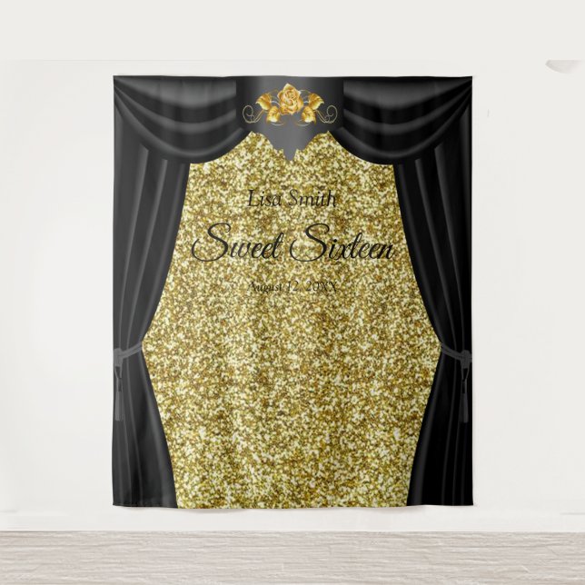 Sweet 16 Gold Rose Black Curtain Gold Glitzer Wandteppich (Vorderseite)