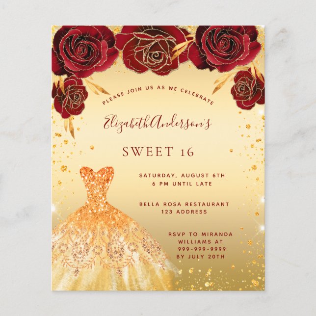 Sweet 16 Gold Rot Glitzer Kleidung Einladung Flyer (Vorne)