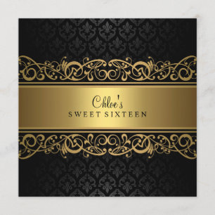 Sweet 16 Gold- und schwarze Damast-Einladung Einladung