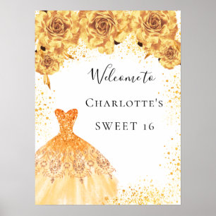 Sweet 16 gold weiß Kleid Blumen Party Willkommen Poster