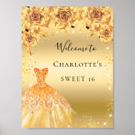 Sweet 16 goldene Glitzer-Kleiderfloralen willkomme Poster