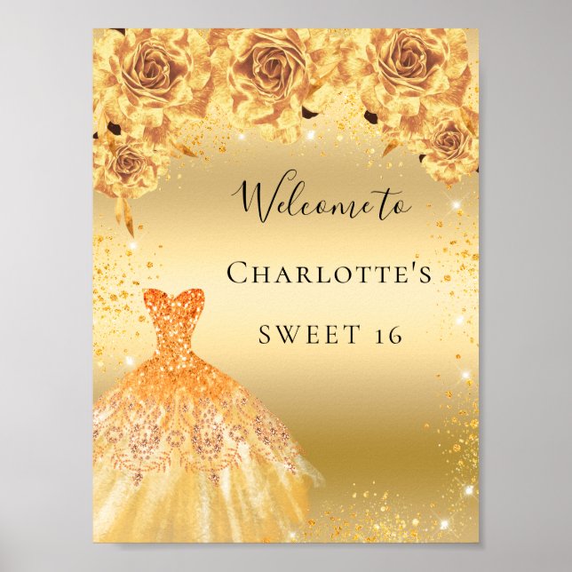 Sweet 16 goldene Glitzer-Kleiderfloralen willkomme Poster (Vorne)