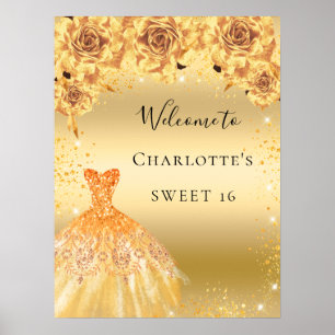 Sweet 16 goldene Glitzer-Kleiderfloralen willkomme Poster
