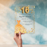 Sweet 16 goldene Sterne klar Acryleinladungen<br><div class="desc">Für eine elegante Sweet 16,  Ein klarer,  transparenter Hintergrund. Die Einrichtung ist mit goldenen Sternen und goldenen Imitaten geschmückt. Personalisieren Sie Ihren Namen und Ihre Party-Daten und fügen Sie diese hinzu.</div>