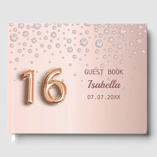 Sweet 16 goldfarbene Diamanten Gästebuch (Vorderseite)